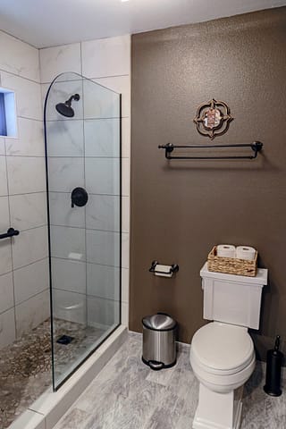 Master bath toilet and walk-in shower with a frameless glass splash guard divider.