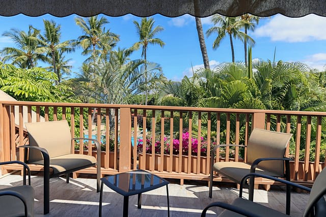 Lanai with 4 outside chairs and glass table looking out over pool.